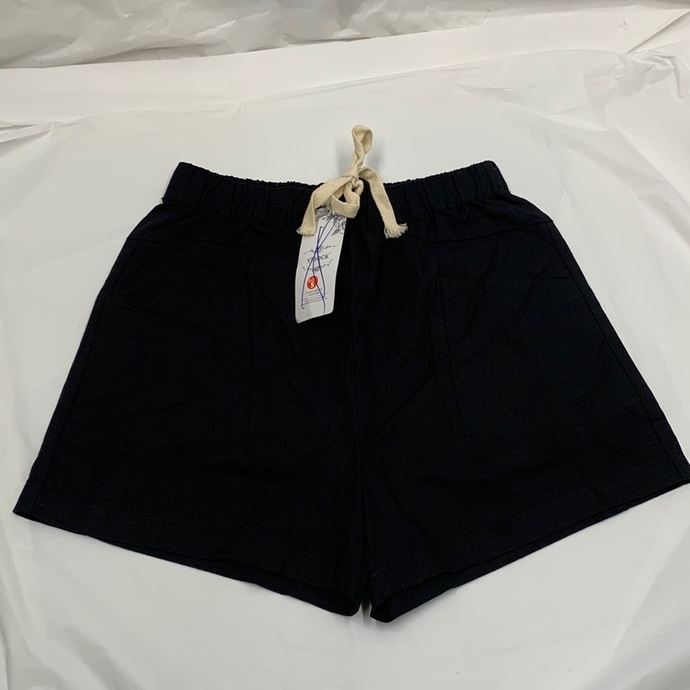 Women’s Yibock Black Linen Blend Drawstring Front Pocketed Short Size Small NWT